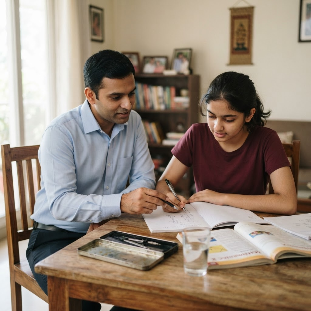 A home tutor guiding a student through a mathematics notebook at a study table