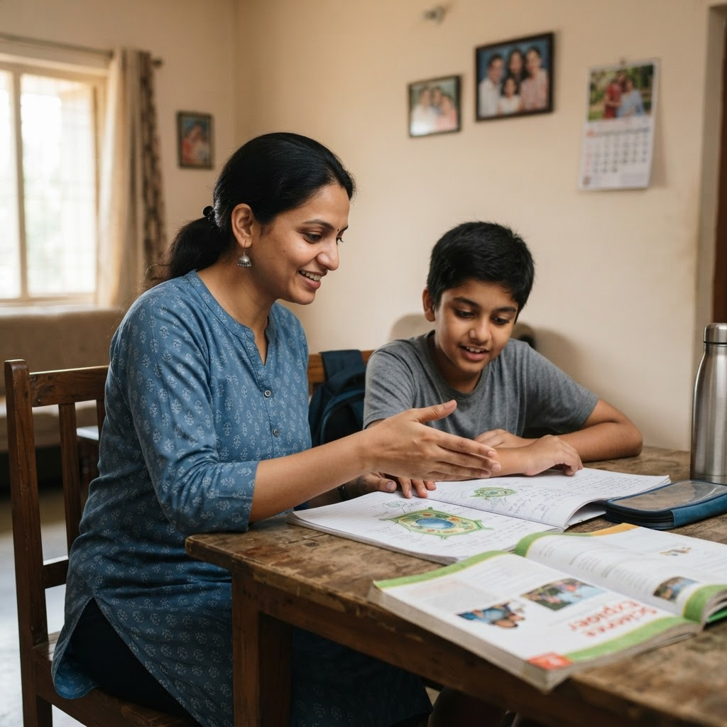A home tutor explaining a concept to a student during a one-to-one session